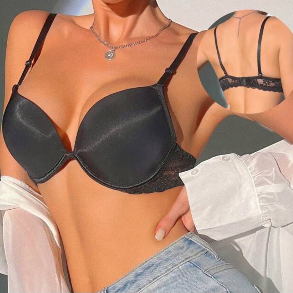 SHEIN Black Lace Push-Up Bra Padded Sexy Adjustable Removable Straps XS 32B 32C